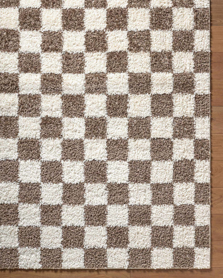 Close-up of the Neftekamsk Area Rug with a brown and ivory checkerboard pattern and soft, textured pile. Swatch