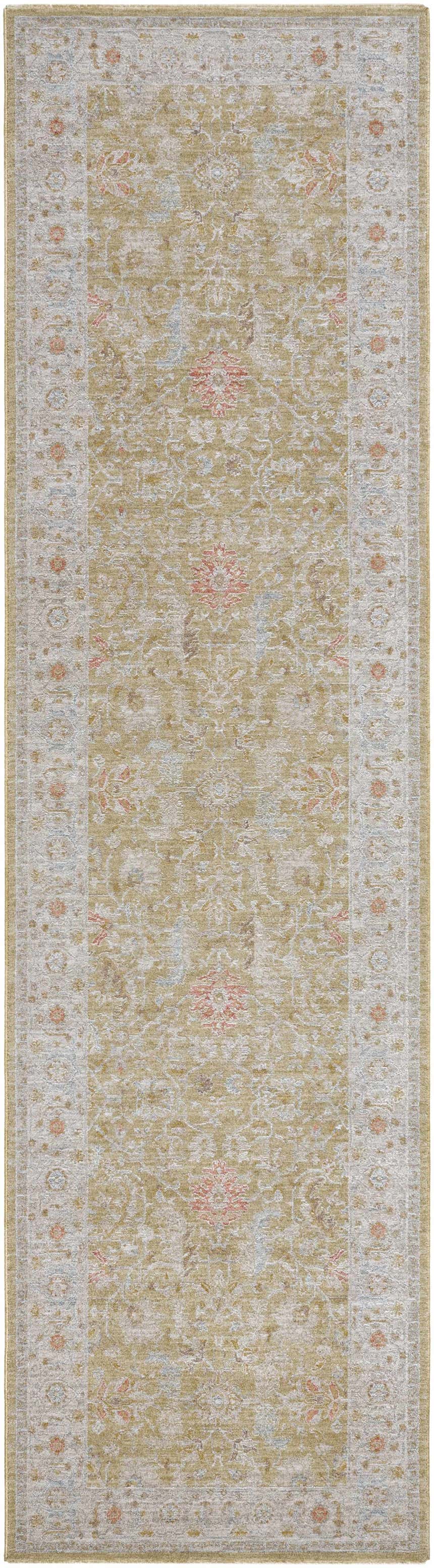 Close-up of the Dario Thick Luxe Area Rug featuring amber, olive, and dusty pink floral traditional pattern. Design-Runner-2710