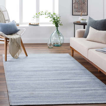 Living room scene with a cream sofa and blue Dernancourt Area Rug adding a calming, transitional vibe. Roomscene-Rectangle