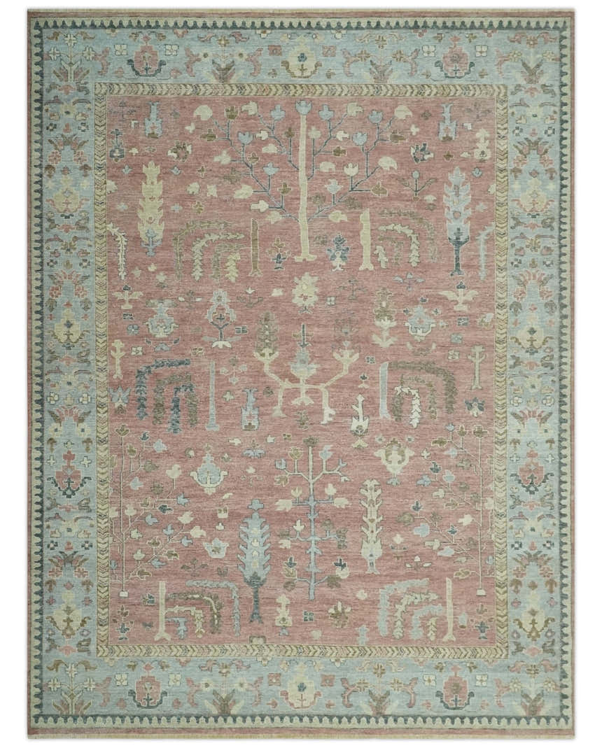 Distress Finished Tree of Life Hand Knotted Rust and Blue Custom Made Wool Rug