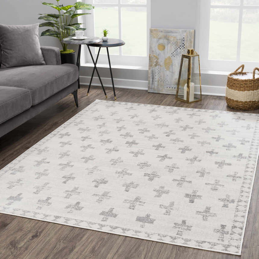 Living room scene with gray sofa and Tigris Swiss Cross Ivory&Gray Area Rug with geometric pattern. Roomscene-Rectangle