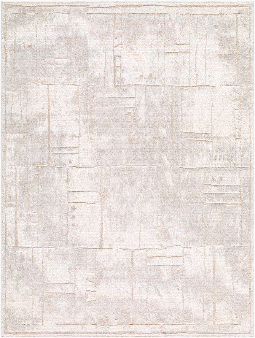 Close-up of Alma Machine Woven Elle Decor x LIVABLISS EDAL-2301 Area Rug. Ivory and taupe geometric pattern. Design-Rectangle-537