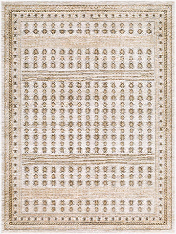 Close-up of the Hedwig Area Rug. Farmhouse style rug in dark brown, ivory, olive, tan, and taupe colors. Design-Rectangle-537