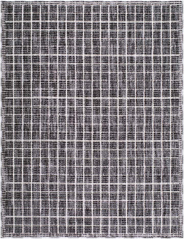 Close-up of Odeon Elle Decor x LIVABLISS rug. Black, charcoal, and cream grid pattern. Contemporary style. Design-Rectangle-537