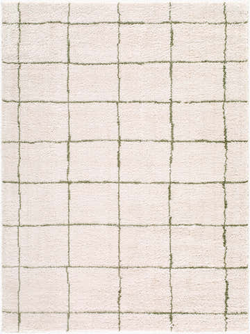 Close-up of Rivoli Machine Woven Elle Decor x LIVABLISS EDRV-2301 Area Rug. Cream rug with an olive green grid pattern. Design-Rectangle-537