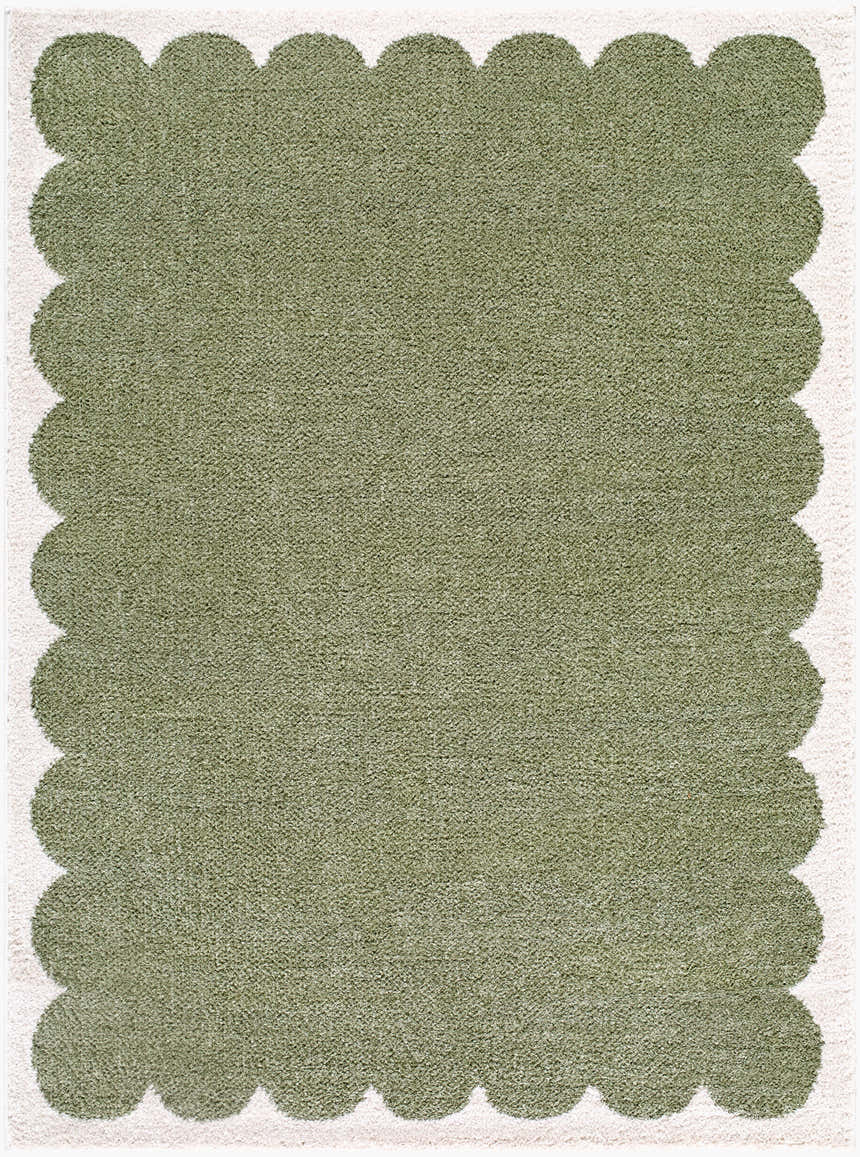 Close-up of the Rivoli Elle Decor x LIVABLISS EDRV-2303 Area Rug. Olive green rug with a cream, scalloped border. Design-Rectangle-537