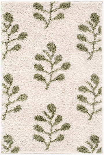 Close-up of the Kapula Area Rug. Cream rug with a repeating olive green leaf pattern and a textured, plush pile. Design-Rectangle-221
