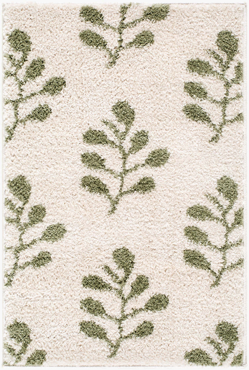 Close-up of Rivoli Elle Decor x LIVABLISS EDRV-2304 area rug. Cream rug with an olive branch pattern and textured weave. Design-Rectangle-221