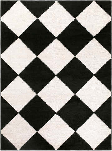 Close-up of the Rivoli Elle Decor x LIVABLISS EDRV-2305 Area Rug. Black and cream diamond pattern. Contemporary style. Design-Rectangle-537