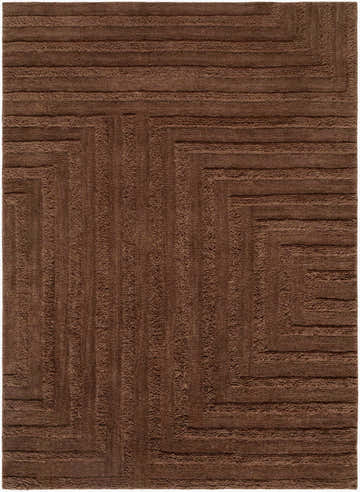 Close-up of the Lokesh Washable Area Rug in chestnut. Hand woven wool rug with a contemporary geometric pattern. Design-Rectangle