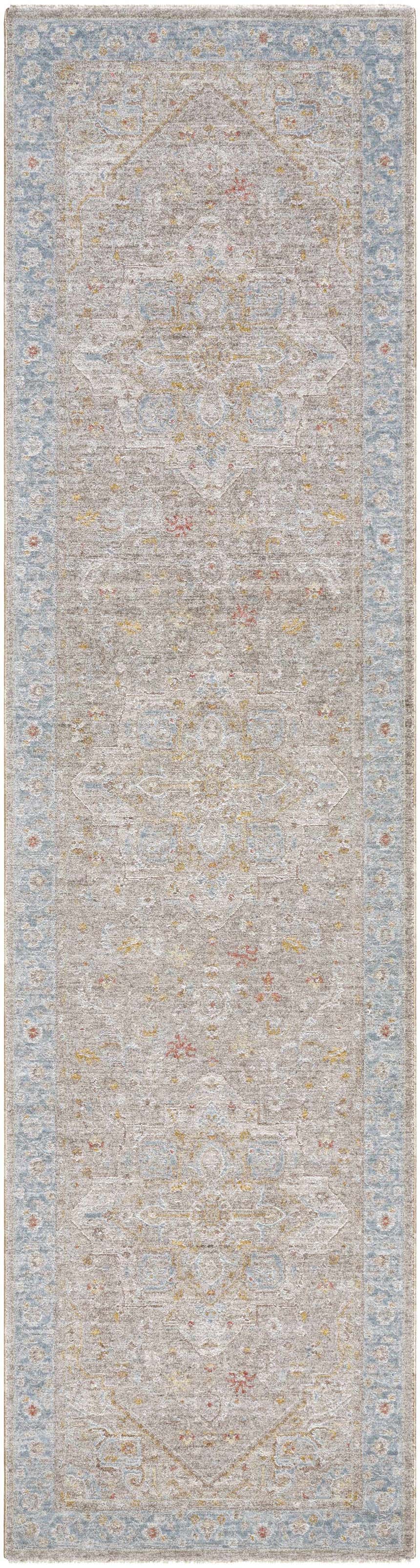 Close-up of the Ehan Cream Thick Luxe Oushak Rug. Features a traditional design with amber, pink, and light olive tones. Design-Runner-270