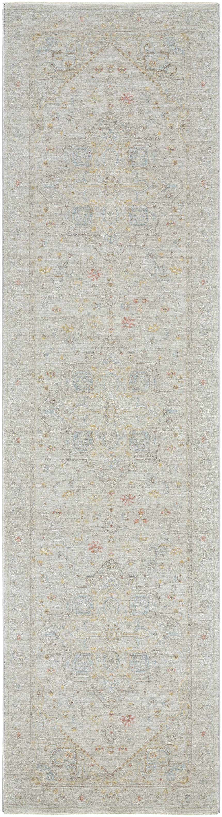 Close-up of Engin Thick Luxe Area Rug. Traditional pattern in amber, dusty pink, olive, and taupe hues. Machine woven polyester texture. Design-Runner-2710