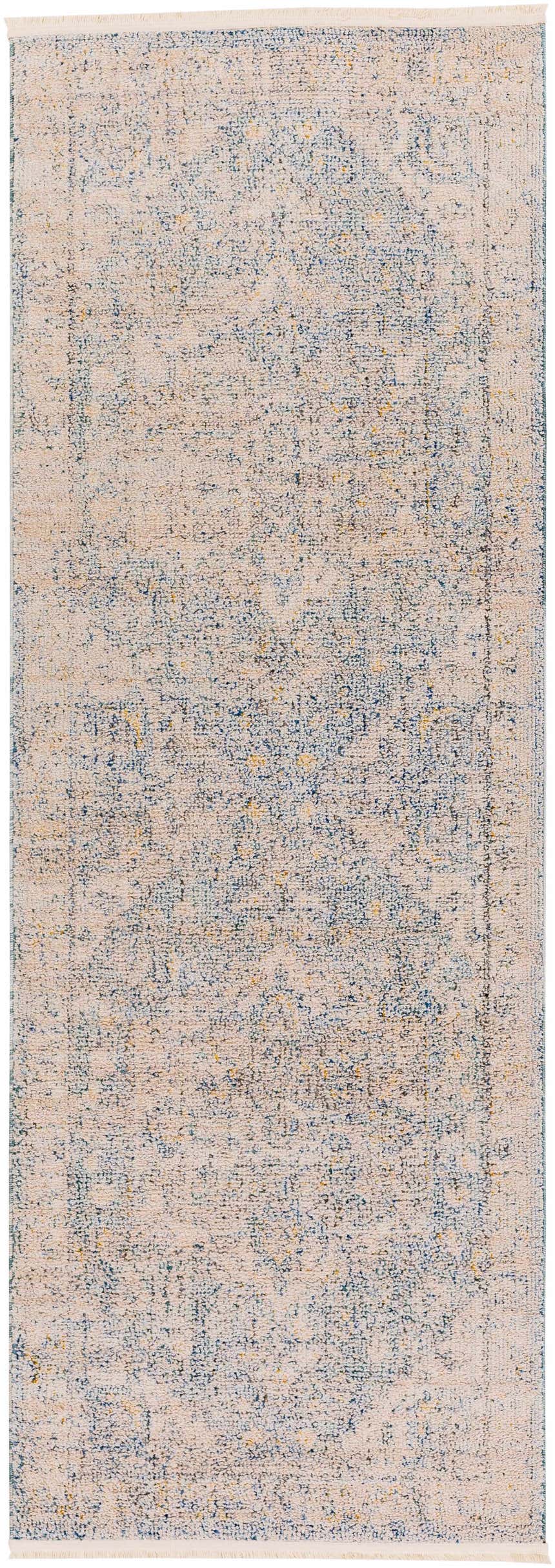Close-up of the Tusa Blue Area Rug. Features a traditional oriental design in dark blue, ivory, and light gray. Design-Runner-2773