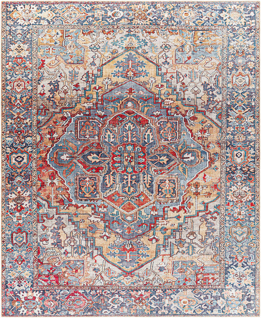Detailed view of a Neyland Iris Area Rug, showcasing its beige, brick red, blue, and cream oriental pattern. Design-Rectangle-7696