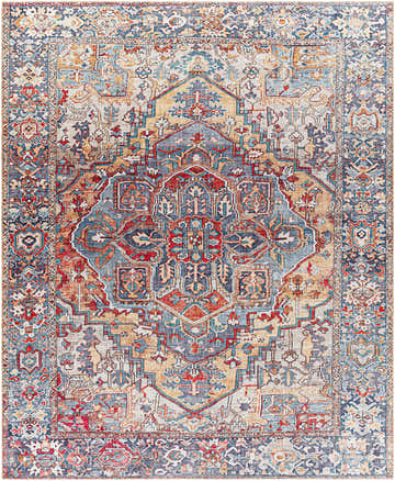 Detailed view of a Neyland Iris Area Rug, showcasing its beige, brick red, blue, and cream oriental pattern. Design-Rectangle-7696