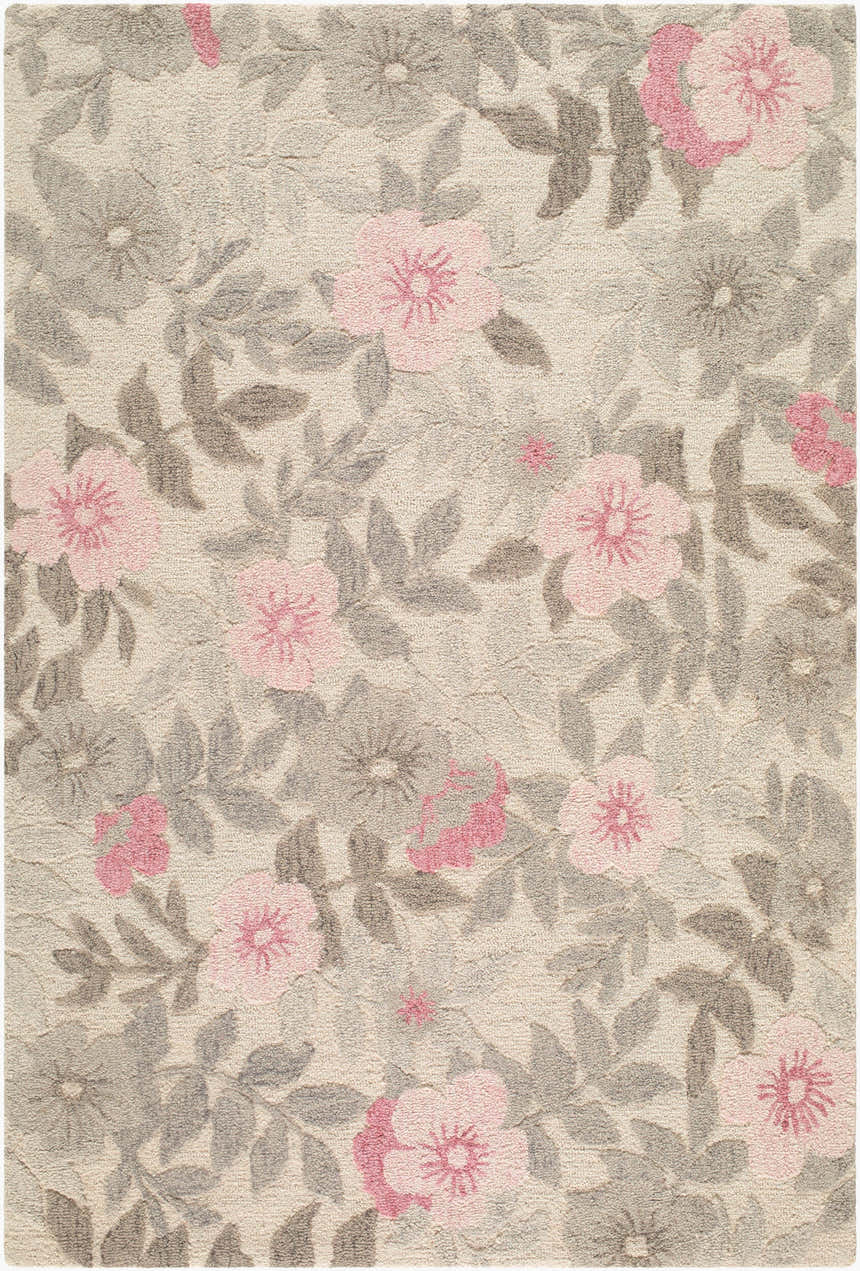 Close-up of the Dellyn Area Rug. Hand-tufted wool rug with a floral pattern in blush pink, rose, cream, soft gray, and taupe. Design-Rectangle-576