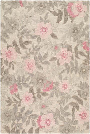 Close-up of the Dellyn Area Rug. Hand-tufted wool rug with a floral pattern in blush pink, rose, cream, soft gray, and taupe. Design-Rectangle-576