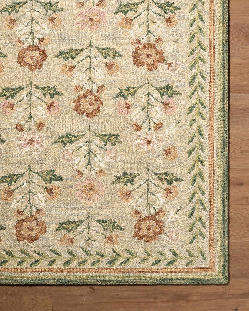 Close up of the hand-tufted Acacia Area Rug, showcasing its floral pattern, soft texture, and farmhouse style. Front