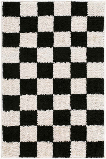 Close-up of the Naye Cream Color Block rug featuring a black and cream checkerboard pattern and textured polyester weave. Design-Rectangle-221