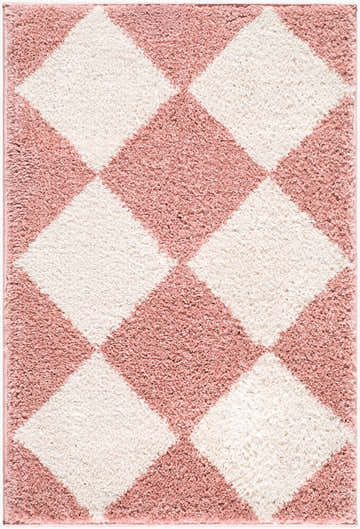 Close-up of the Kawena Washable Area Rug. Features a diamond pattern in ivory and pink with a soft, textured pile. Design-Rectangle-2211