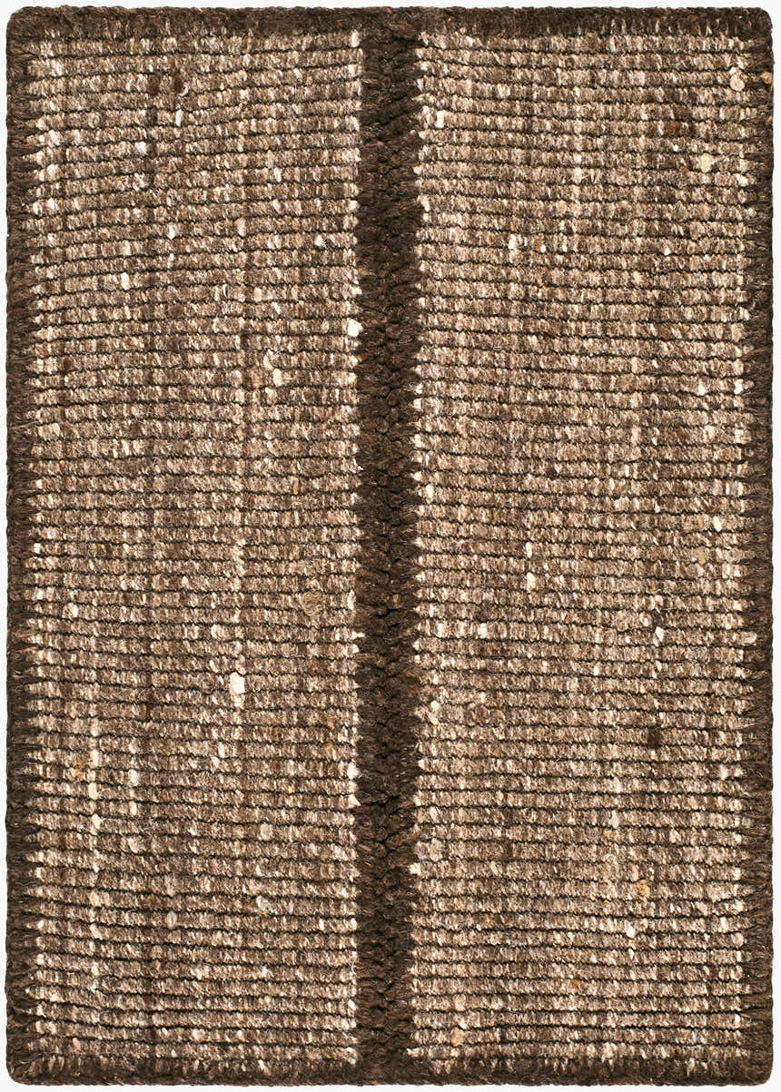 Close-up of Bronson Handmade Galey Alix x LIVABLISS rug. Chestnut, sandstone, and taupe hand-woven wool texture with stripe. Design-Rectangle