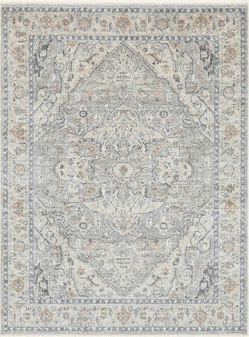 Close-up of Galey Alix Maria Elena I Vintage Medallion Rug. Beige, dark red, navy, and taupe farmhouse style rug. Design-Rectangle-23
