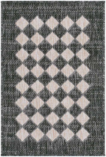 Close-up of the Yfpre Black Diamond rug. Black, light gray, and tan diamonds pattern a machine woven polypropylene rug. Design-Rectangle-221