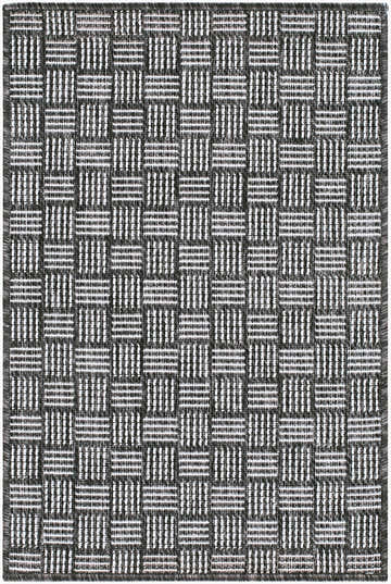 Close-up of the Loki Black Abstract rug. Black, gray, and off-white woven geometric pattern. Design-Rectangle-221