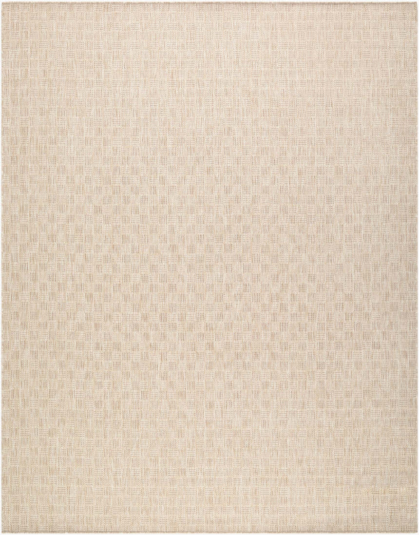Close-up of the Lunua Tan Abstract Outdoor Rug. Machine woven polypropylene with a subtle geometric pattern. Design-Rectangle-71010