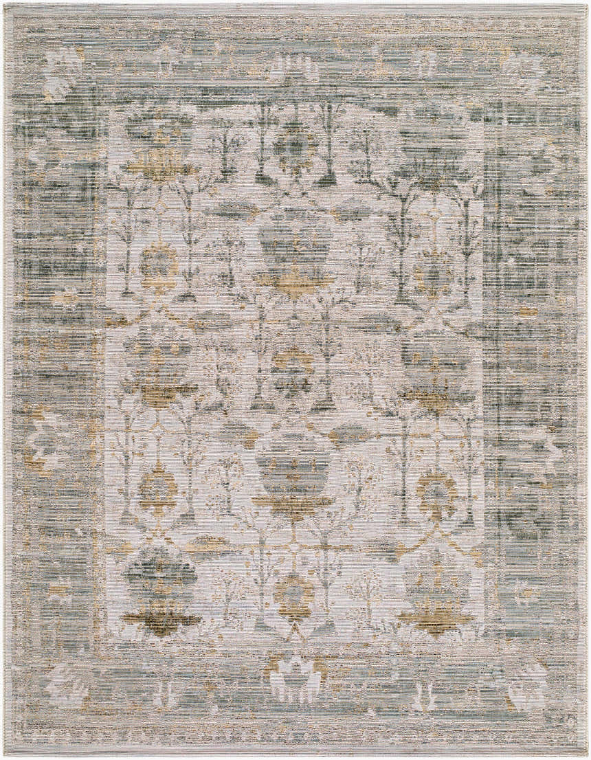 Close-up of the Jaddua Area Rug. Machine-woven wool rug in charcoal, gold, ivory, sage, and taupe with traditional pattern. Design-Rectangle-537