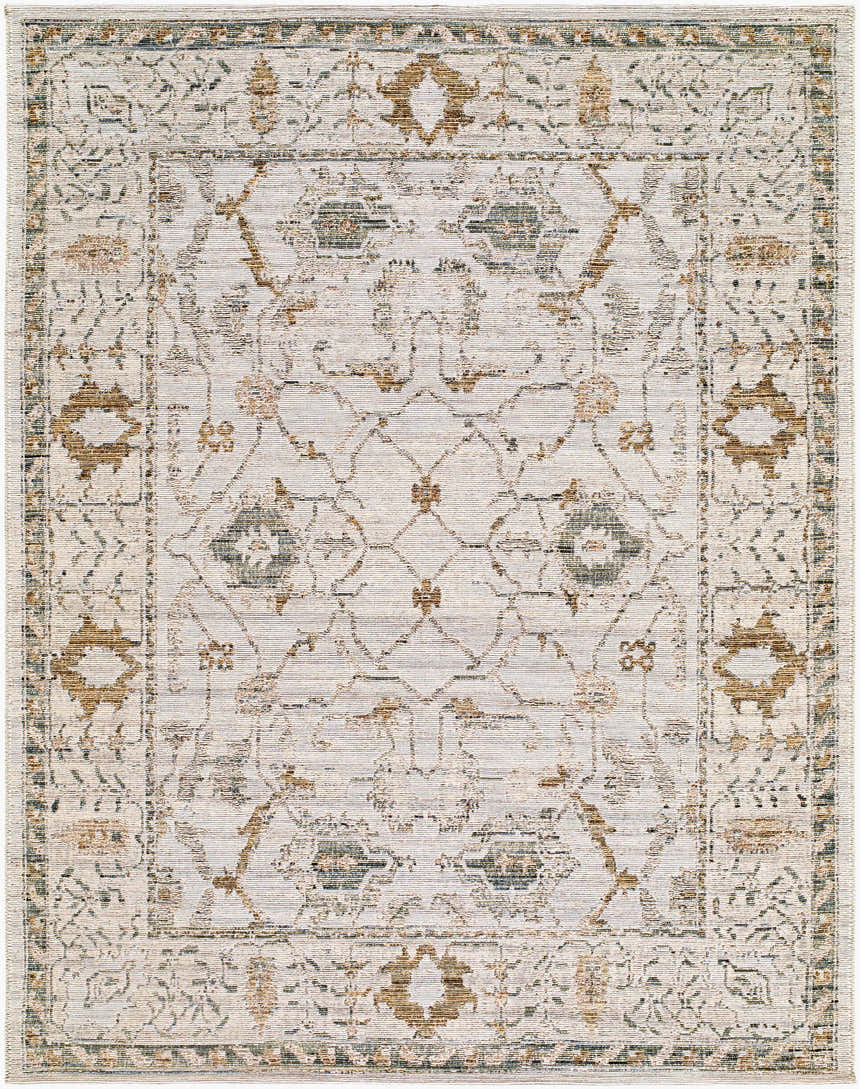 Close-up of the Jeneva Area Rug, a machine-woven rug with a traditional pattern in charcoal, ivory, sage, and sandstone. Design-Rectangle-537