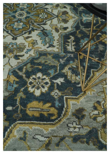 Ivory, Teal, silver and Olive Hand Knotted Traditional Heriz Medallion Multi size wool Area Rug