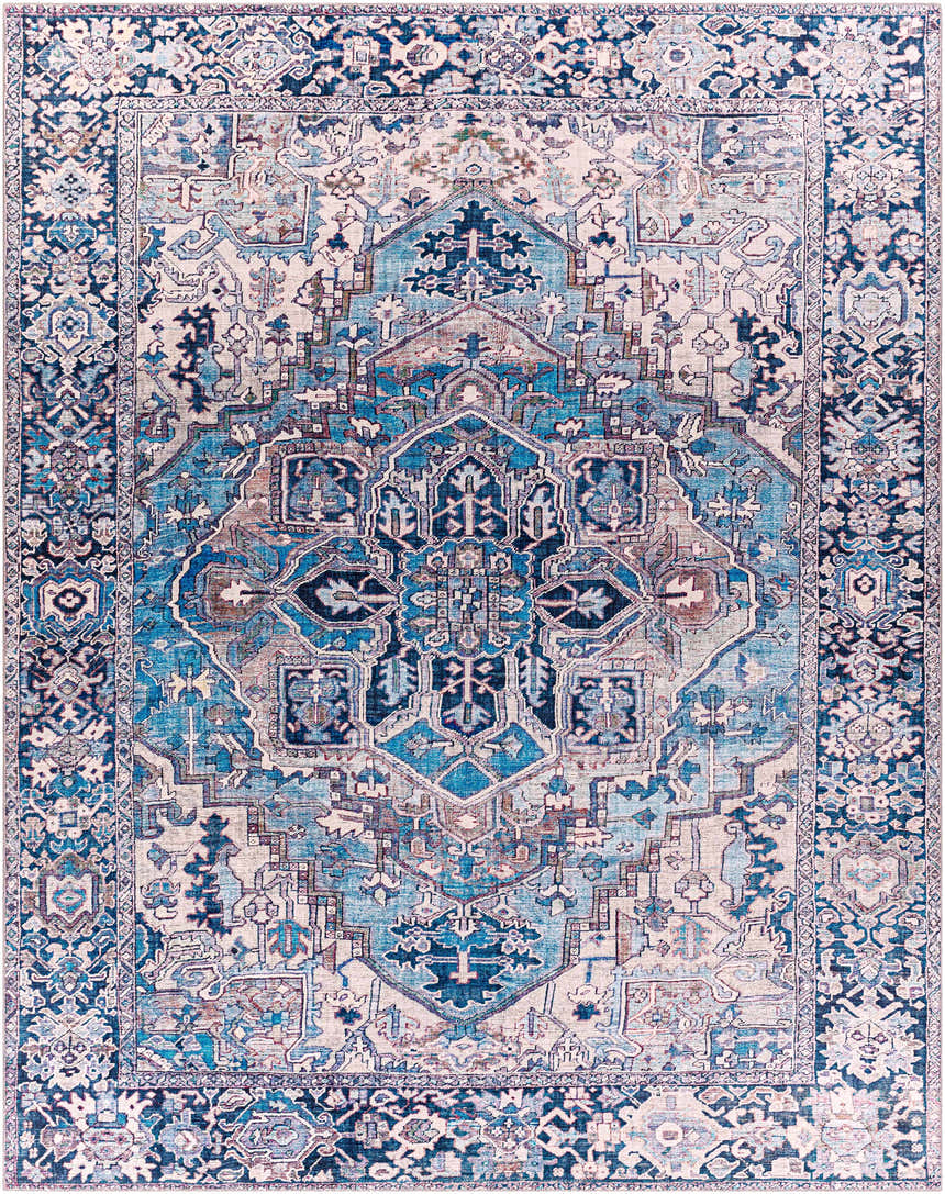 Detailed Oriental rug, Neyland Iris Blue Area Rug 2362, with cream, blue, and beige tones. Machine-woven polyester rug. Design-Rectangle-7696