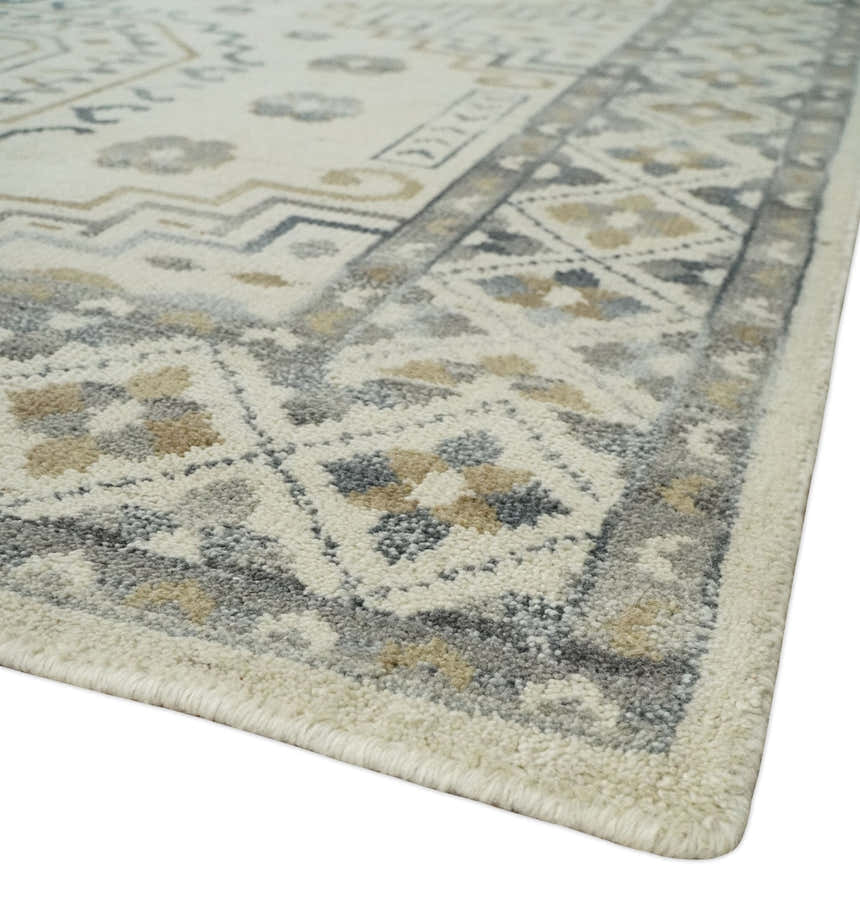 Hand Knotted Ivory, Gray and Beige Traditional Medallion Natural Wool Custom Made Area Rug, Kids, Living Room and Bedroom Rug