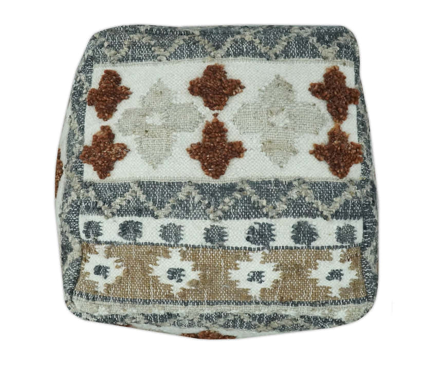 Hand woven Ivory, Gray and Brown Traditional Textured Jute and wool Pouf