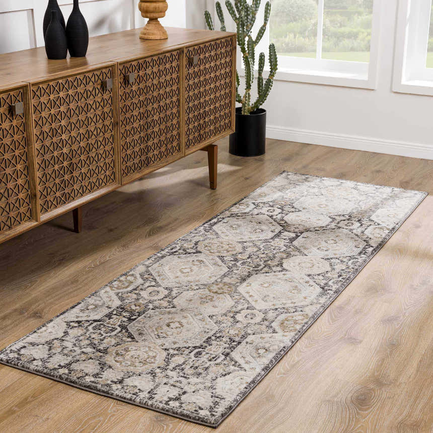 Entryway scene with a beige Minoa Area Rug runner, wood console table, and cactus near a window. Roomscene-Runner