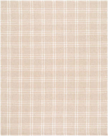 Close-up of the hand-woven Dhyana Area Rug. Wool rug with a contemporary plaid pattern in ivory and off-white hues. Design-Rectangle