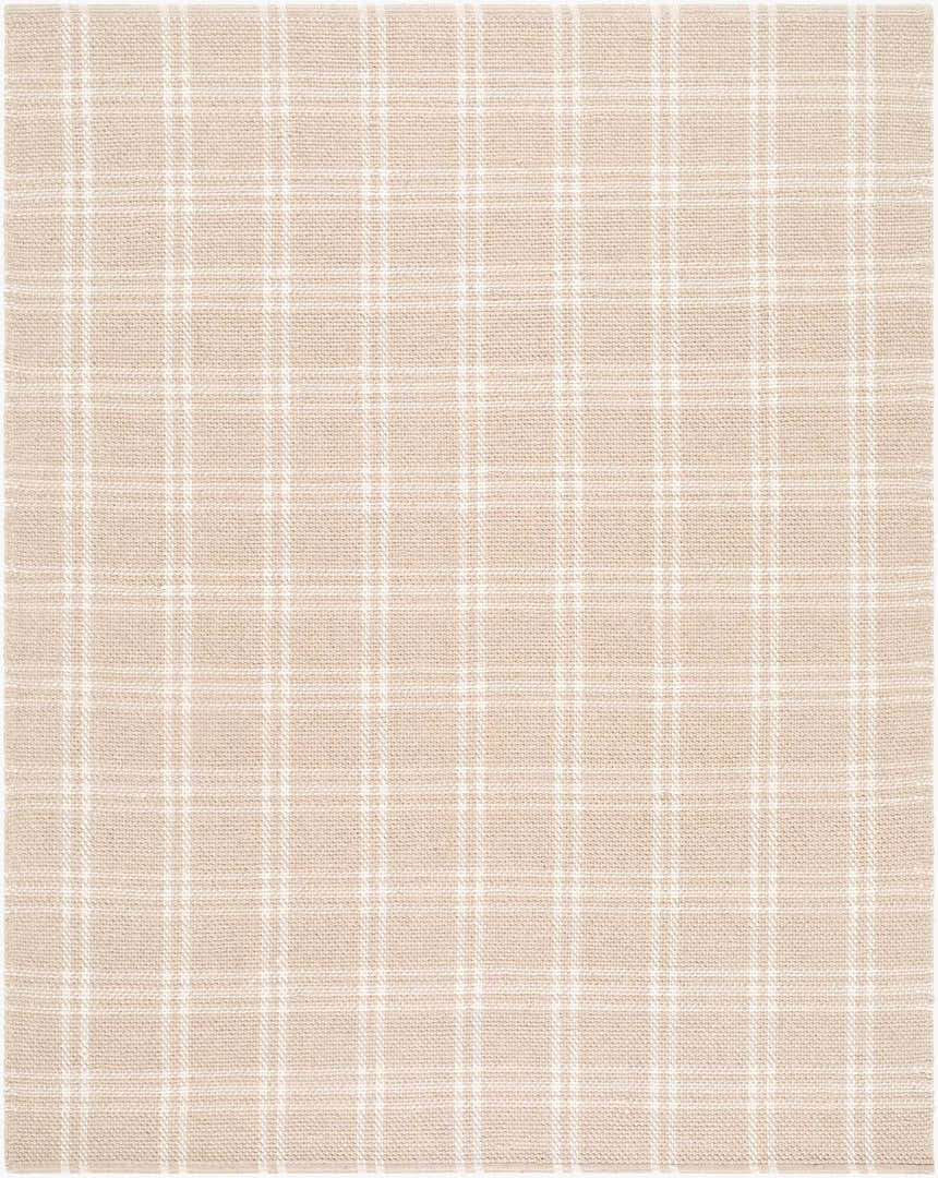 Close-up of the hand-woven Dhyana Area Rug. Wool rug with a contemporary plaid pattern in ivory and off-white hues. Design-Rectangle