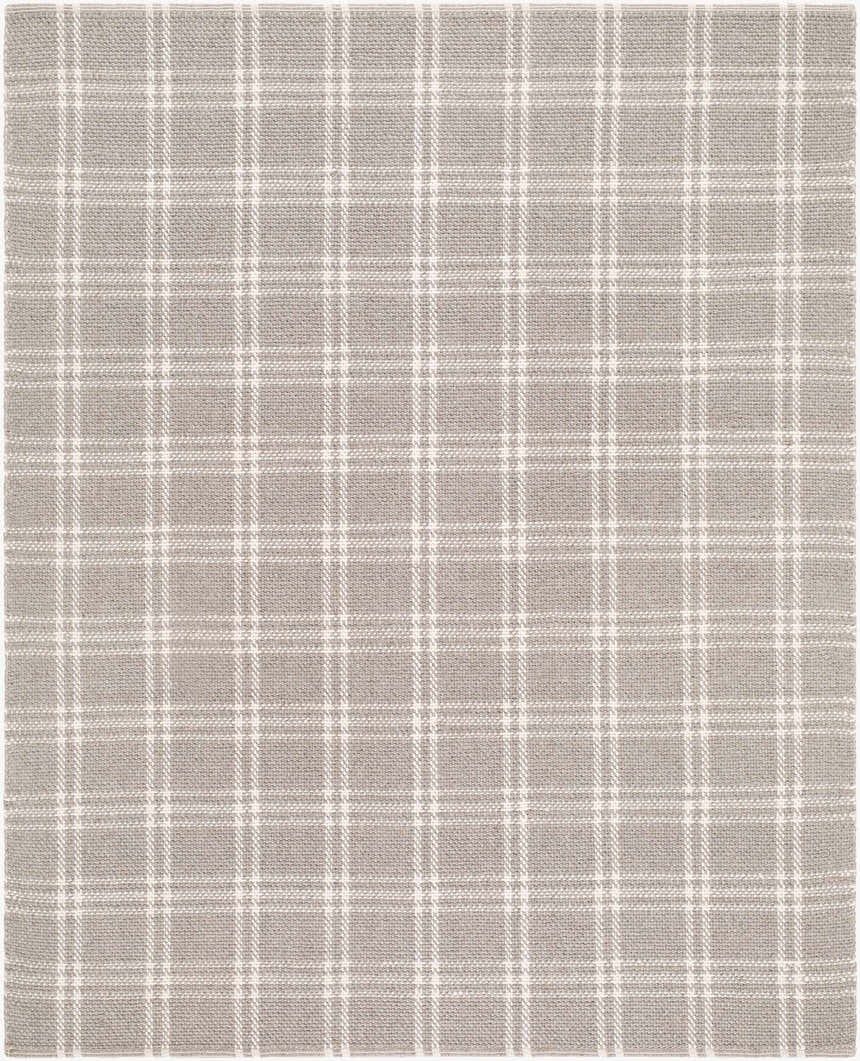 Close-up of the hand woven Dhyana Area Rug. Gray wool rug with a light brown and off white plaid pattern. Design-Rectangle
