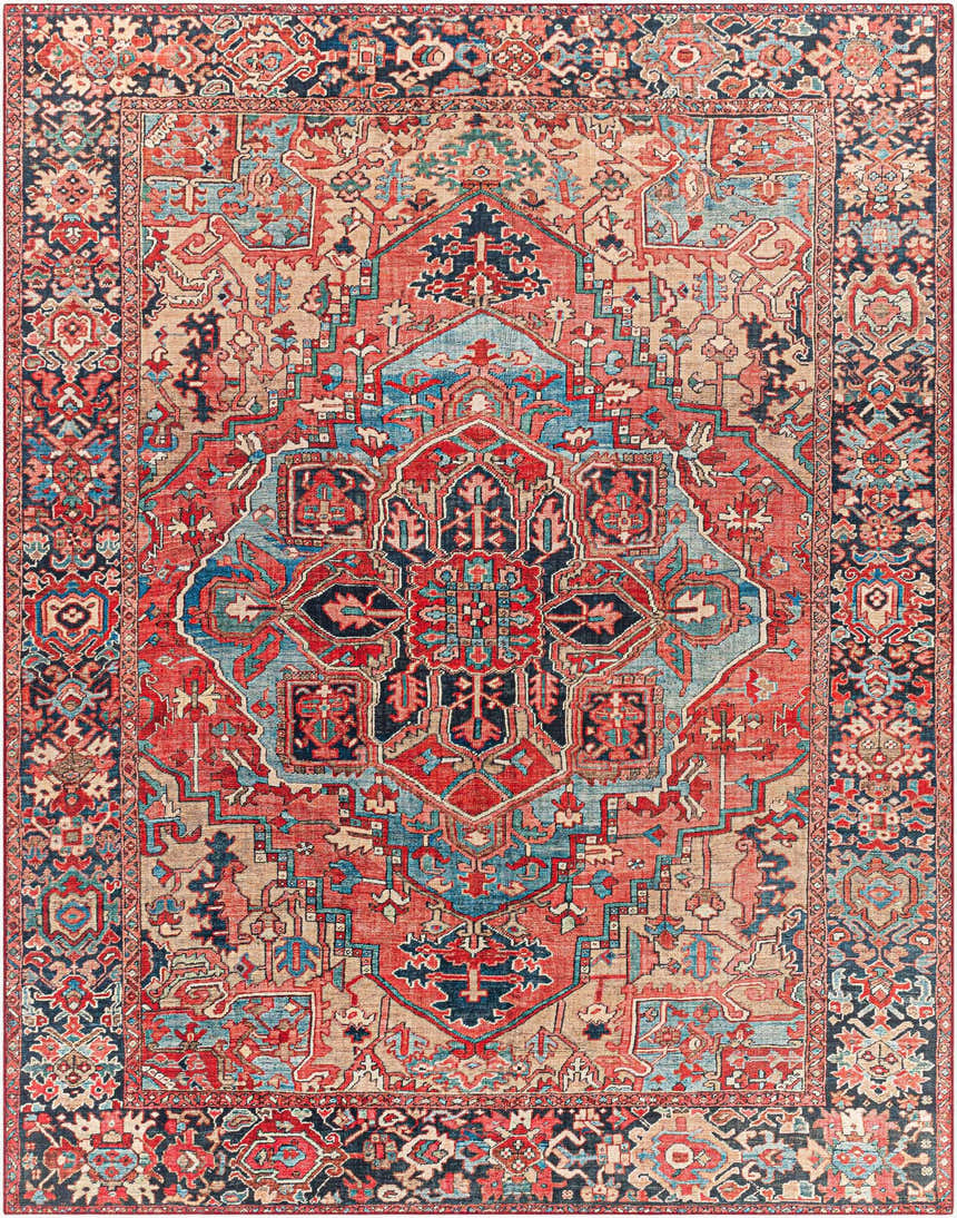 Detailed close-up of the Neyland Area Rug featuring a traditional oriental pattern in beige, red, and blue hues. Design-Rectangle-7696