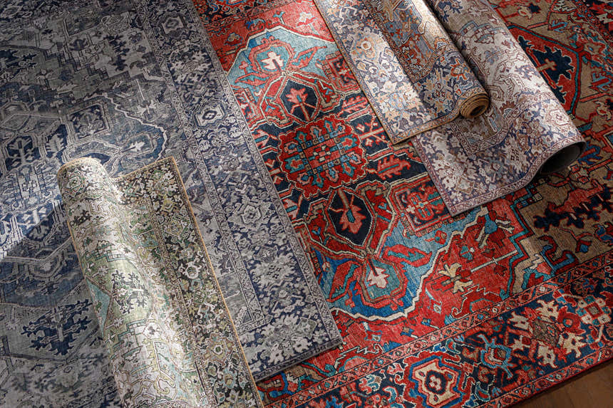 Close-up of Neyland Iris Area Rug 2358 in beige, red, blue, and olive. Bohemian style, machine woven polyester rug. Styleshot