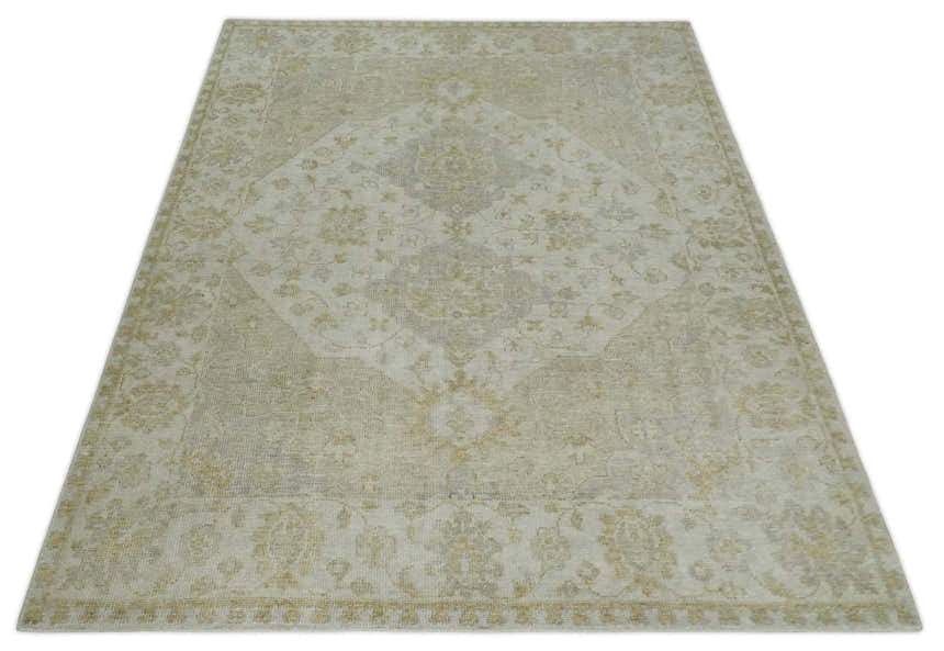Ivory and Brown distressed finished Traditional Floral Low Pile Multi Size wool Area Rug