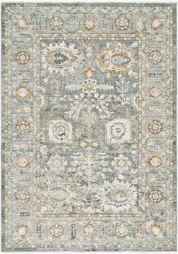 Detailed view of the Jovana Area Rug, featuring beige, charcoal, and rust floral patterns. Design-Rectangle-679