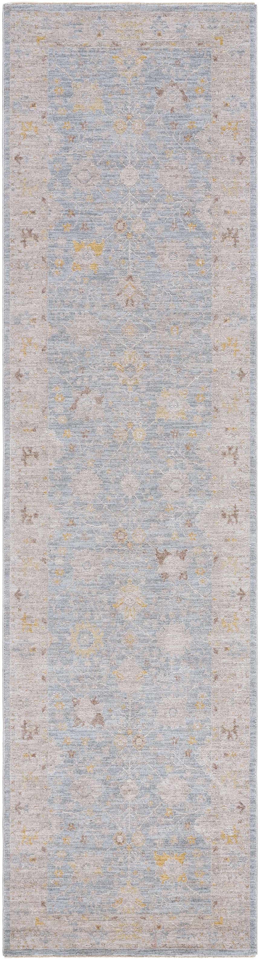 Close-up of the Kofi Thick Luxe Area Rug, a traditional runner rug with light blue, taupe, and amber floral patterns. Design-Runner-2710