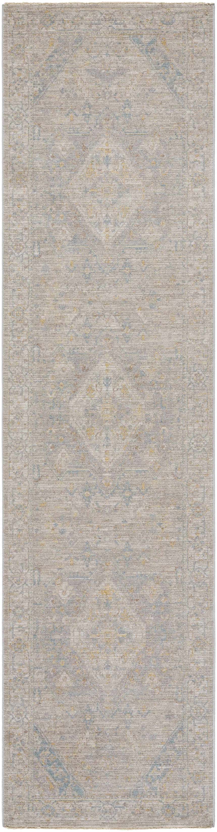 Close-up of Leya Thick Luxe Area Rug in taupe, tan, and blue. Farmhouse style, machine woven texture. Design-Runner-2710
