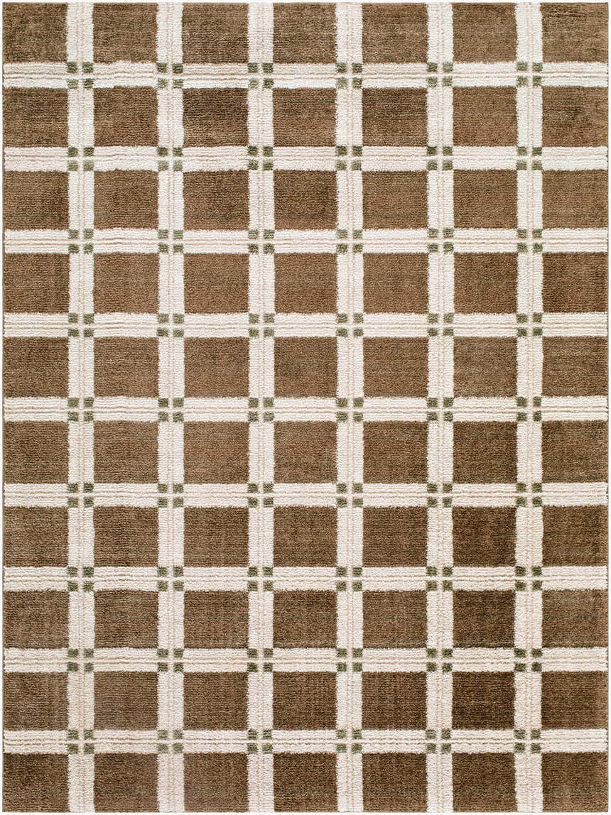 Close-up of the Kalkin Brown Area Rug. Features a brown, off-white, and olive green plaid pattern. Contemporary style. Design-Rectangle