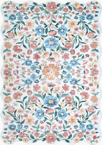 Muwo Floralnature rug close-up: coral, ivory, peach, sage, and sky blue floral pattern with a scalloped edge. Design-Rectangle-576
