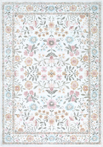 Close-up of Johnna Washable Area Rug. Machine-woven polyester rug in blush pink, gold, ivory, light blue, and sage floral pattern. Design-Rectangle-576