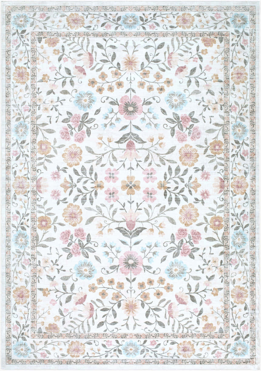 Close-up of Johnna Washable Area Rug. Machine-woven polyester rug in blush pink, gold, ivory, light blue, and sage floral pattern. Design-Rectangle-576
