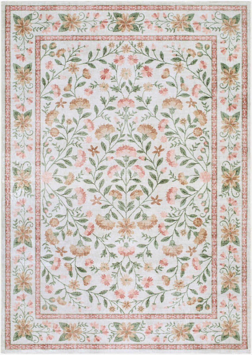 Close-up of the Ferlin Washable Area Rug. Features a floral pattern with coral, cream, olive, pink, and sage hues. Design-Rectangle-576